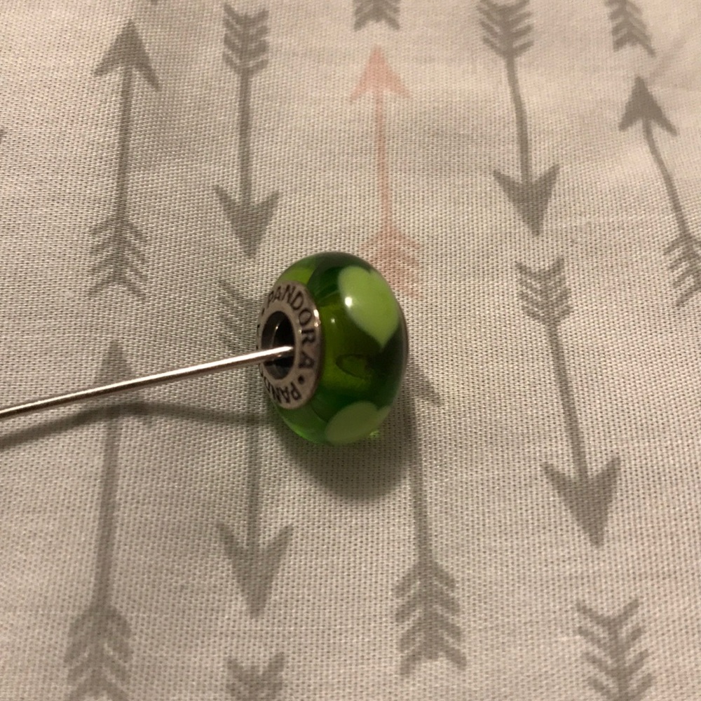 PANDORA murano glass charm; green w/ green hearts